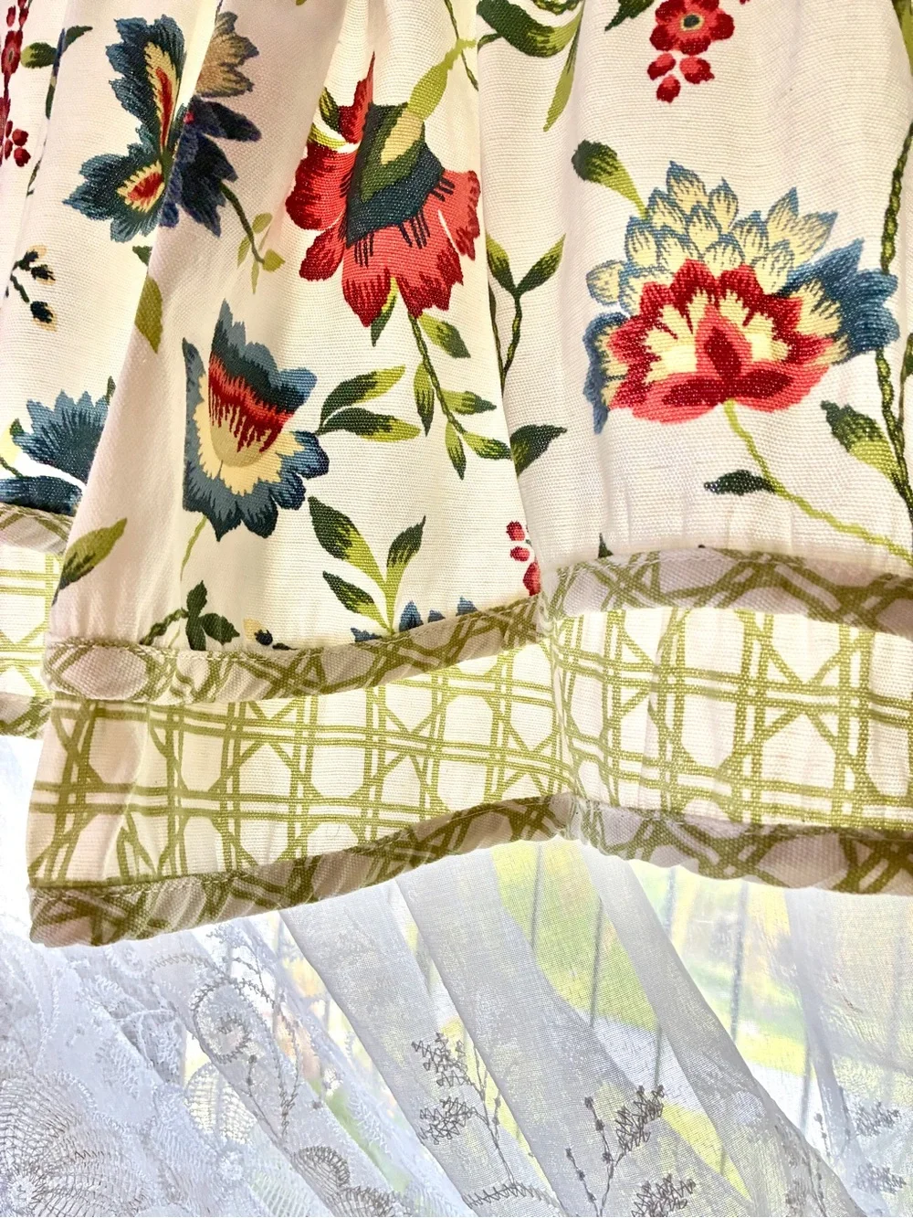 Waverly carolina crewel Floral Valance in Cream Blue, Red Green Accents 50” x 15